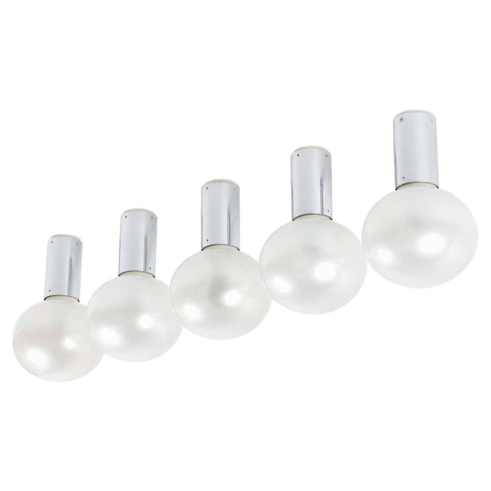 Set of 4 1960s Motoko Ishii Glass & Metal Ceiling or Wall Lamps for Staff Leuchten: Quantity: 4 1960s Motoko Ishii glass & metal ceiling or wall lamps for Staff Leuchten. Executed in chrome plated metal and thick blown opaline glass.