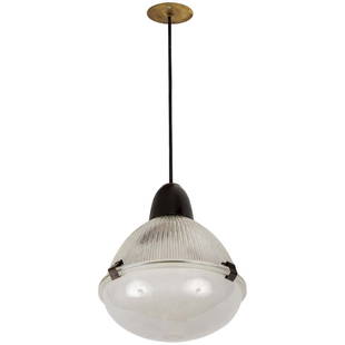 1960s Ignazio Gardella Pendant for Azucena: Quantity: 1 1960s Ignazio Gardella Pendant for Azucena. Executed in black metal, brass and pressed glass. Unmarked. Measurements for lamp body. Drop can be adjusted to desired height (50+ inches of co