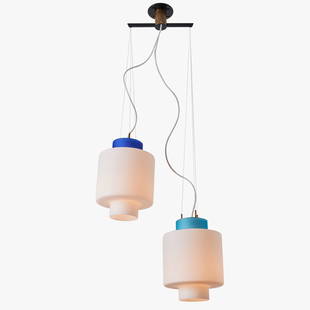 1950s Stilnovo Two-Pendant Blue and White Opaline Glass Suspension Lamp: Quantity: 1 1950s Stilnovo Two-Pendant Blue and White Opaline Glass Suspension Lamp. Executed in sculptural opaline glass with two-toned blue colored glass accent collars. Unmarked.