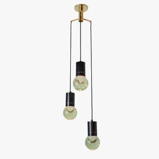 1960s Gino Sarfatti Seguso Bubble Glass 3-Pendant Chandelier for Arteluce: Quantity: 1 960s Gino Sarfatti Seguso Bubble Glass 3-Pendant Chandelier for Arteluce. Executed in 3 hand blown bubbled Seguso glass pendants with brass and black painted metal accents. Unmarked. Artel