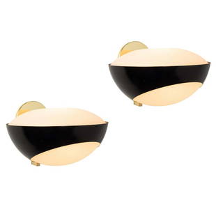 Pair of Rare Large 1960s Max Ingrand '1963' Sconces for Fontana Arte: Quantity: 2 lamps Pair of rare large 1960s Max Ingrand '1963' sconces for Fontana Arte. Executed in opaline glass, black painted metal and brass. Fontana Arte (Maker),Max Ingrand (Designer)