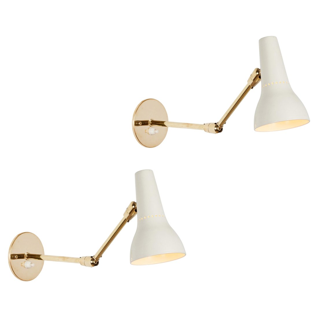 Pair of 1950s Giuseppe Ostuni Articulating Wall Lamps for O-Luce: Quantity: 2 lamps Pair of 1950s Giuseppe Ostuni articulating wall lamps for O-Luce. An extremely rare matched pair executed in brass and white painted metal.A highly adjustable wall light, the jointed
