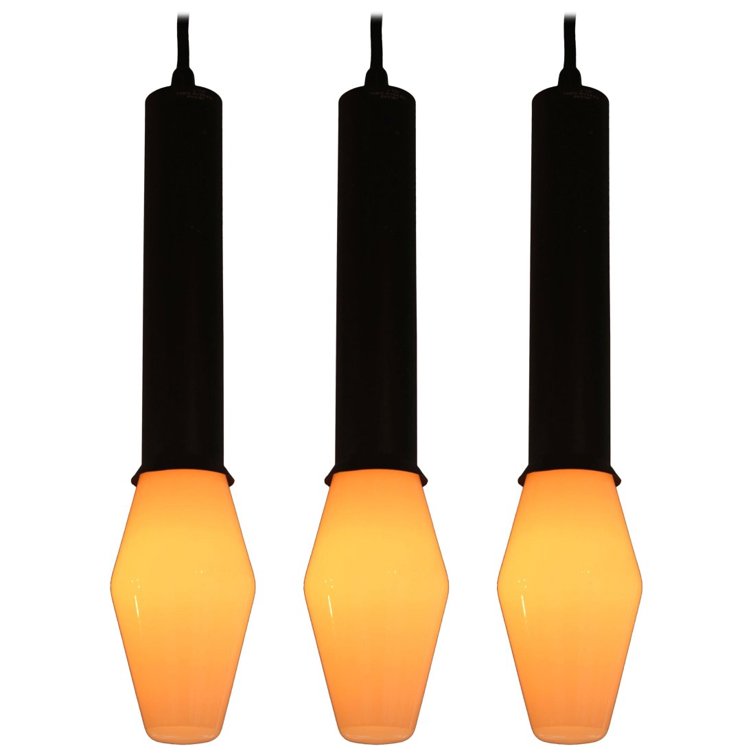 Set of 3 1960s Tapio Wirkkala Pendants for Idman: Quantity: 3 Set of 3 1960s Tapio Wirkkala pendants for Idman, executed in black painted metal and rare original blown-glass architectural bulbs. Retains original manufacturer's label. Tapio Wirkkala (