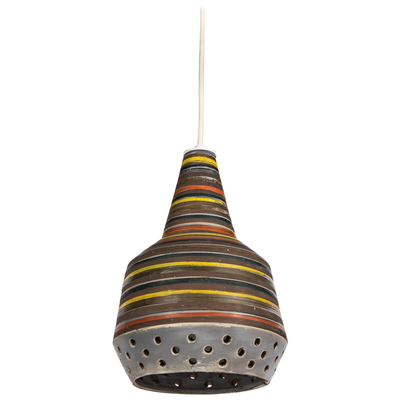 1950s Aldo Londi Ceramic Bitossi Pendant Lamp for Italian Raymor: Quantity: 1 1950s Aldo Londi Ceramic Bitossi pendant lamp for Italian Raymor. This rare and sculptural Italian ceramic lamp is executed with multi colored glazed horizontal stripes and geometric circu