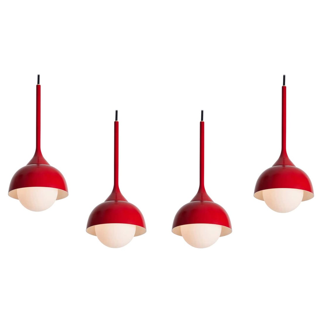 Set of 4 1960s Glass and Red Painted Metal Pendants Attributed to Stilnovo: Quantity: 4 Set of 4 1960s glass and red painted metal pendants attributed to Stilnovo. Executed in opaline glass and red painted metal with custom ceiling canopy for mounting over a standard American