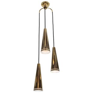 1950s Mauri Almari 'K2-48' Brass Chandelier for Idman: Quantity: 1 1950s Mauri Almari 'K2-48' brass chandelier for Idman. A rare example, this cascading chandelier features a trio of perforated brass cones that each measure 13 inches H x 4.25 inches W wit