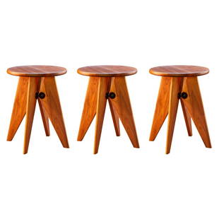 Set of 3 Jean Prouvé Tabouret Solvay Stools in American Walnut: Set of 3 Jean Prouvé Tabouret Solvay stools in American walnut. Unused new in factory box authorized re-editions by Vitra, with manufacturer's documentation of authenticity included. Seat and base: A