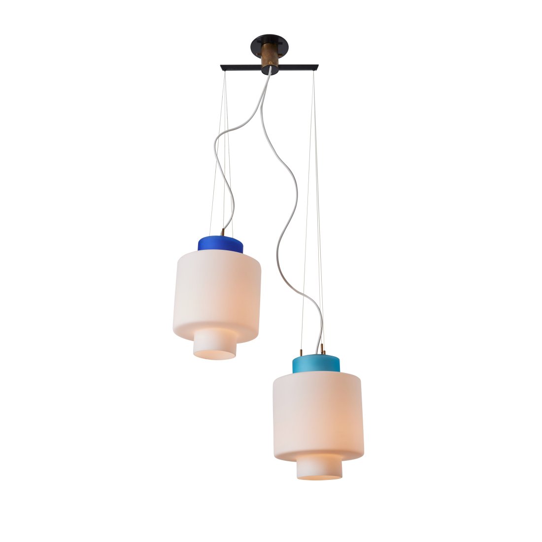 1950s Stilnovo Two-Pendant Blue and White Opaline Glass Suspension Lamp: Quantity: 1 1950s Stilnovo Two-Pendant Blue and White Opaline Glass Suspension Lamp. Executed in sculptural opaline glass with two-toned blue colored glass accent collars. Unmarked.