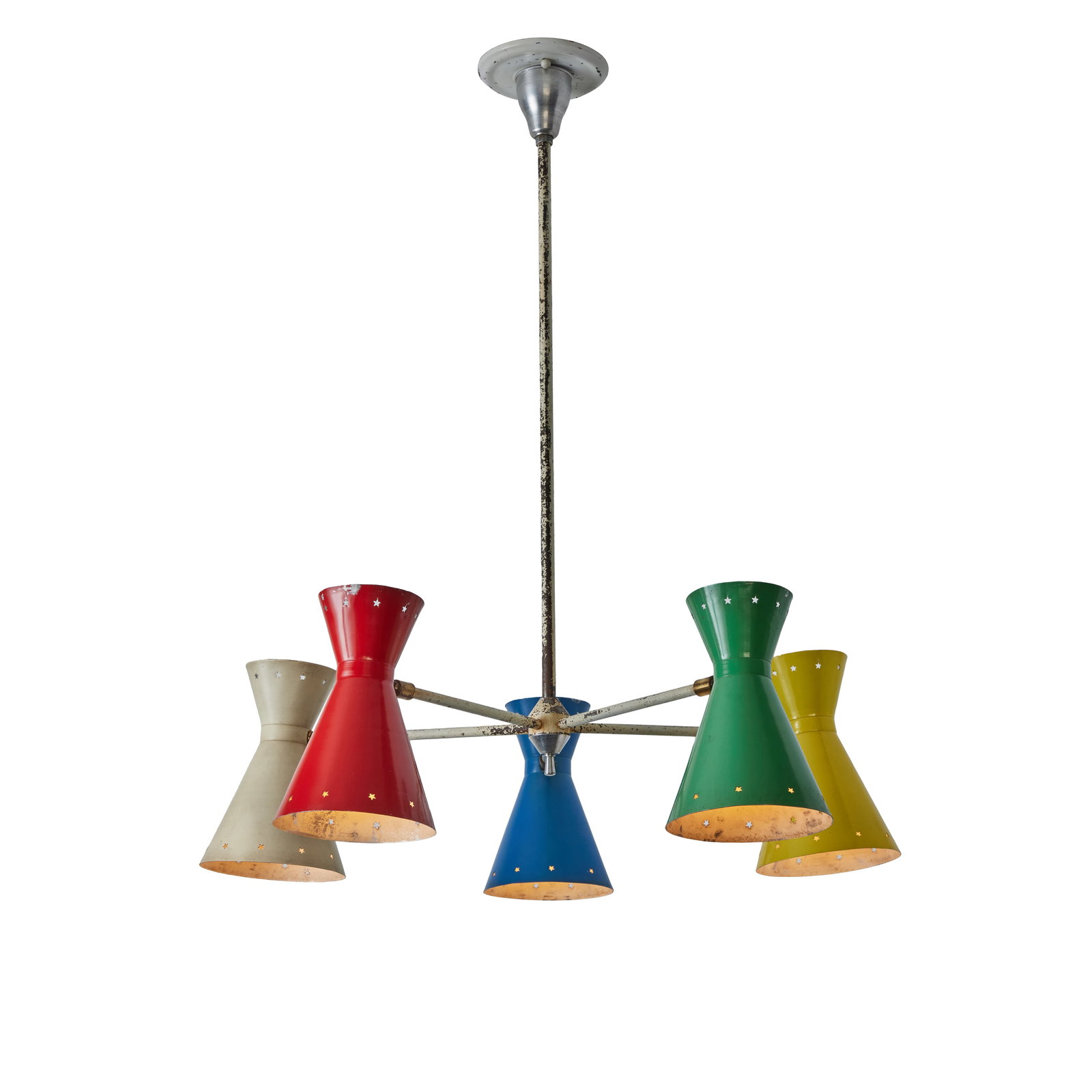 Rare 1950s Robert Mathieu 5-Shade Multi Color Chandelier: Quantity: 1 Rare 1950s Robert Mathieu 5-Shade Multi Color Chandelier. Executed in multi color original painted metal with star perforations. A bright and sculptural chandelier highly indicative of the