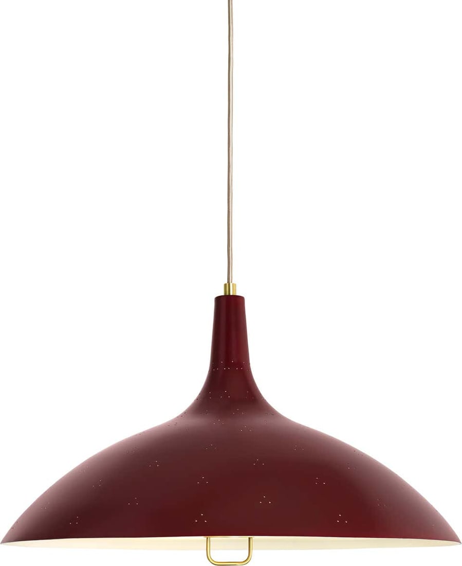 Paavo Tynell '1965' Pendant Lamp in Red: Quantity: 1 Paavo Tynell '1965' Pendant Lamp in Red. Originally designed by Paavo Tynell in 1947, this authorized GUBI re-edition is executed in a perforated brass metal shade with white interior and