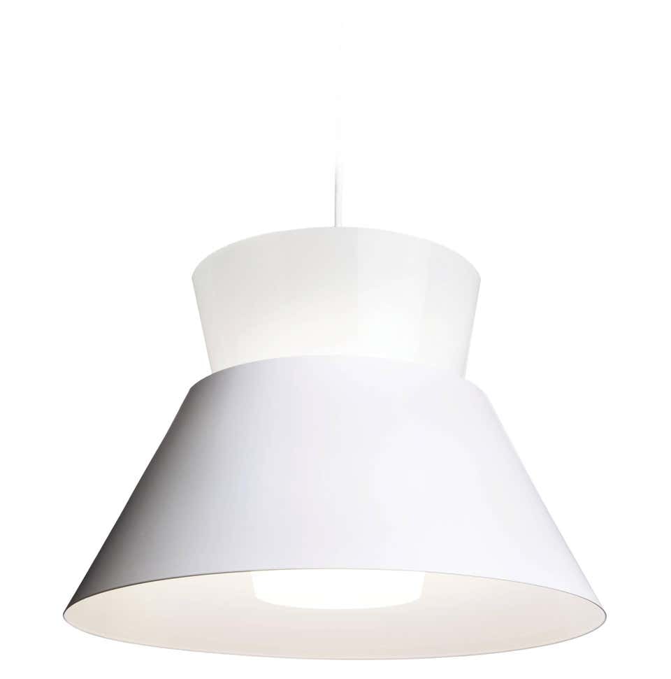 Yki Nummi White '1955' Pendant for Innolux Oy, Finland: Quantity: 1 Yki Nummi White '1955' Pendant for Innolux Oy, Finland. Designed in 1955, Nummi's innovative design is formed by two cone-shaped shades, the top is of white acrylic and the bottom pressure