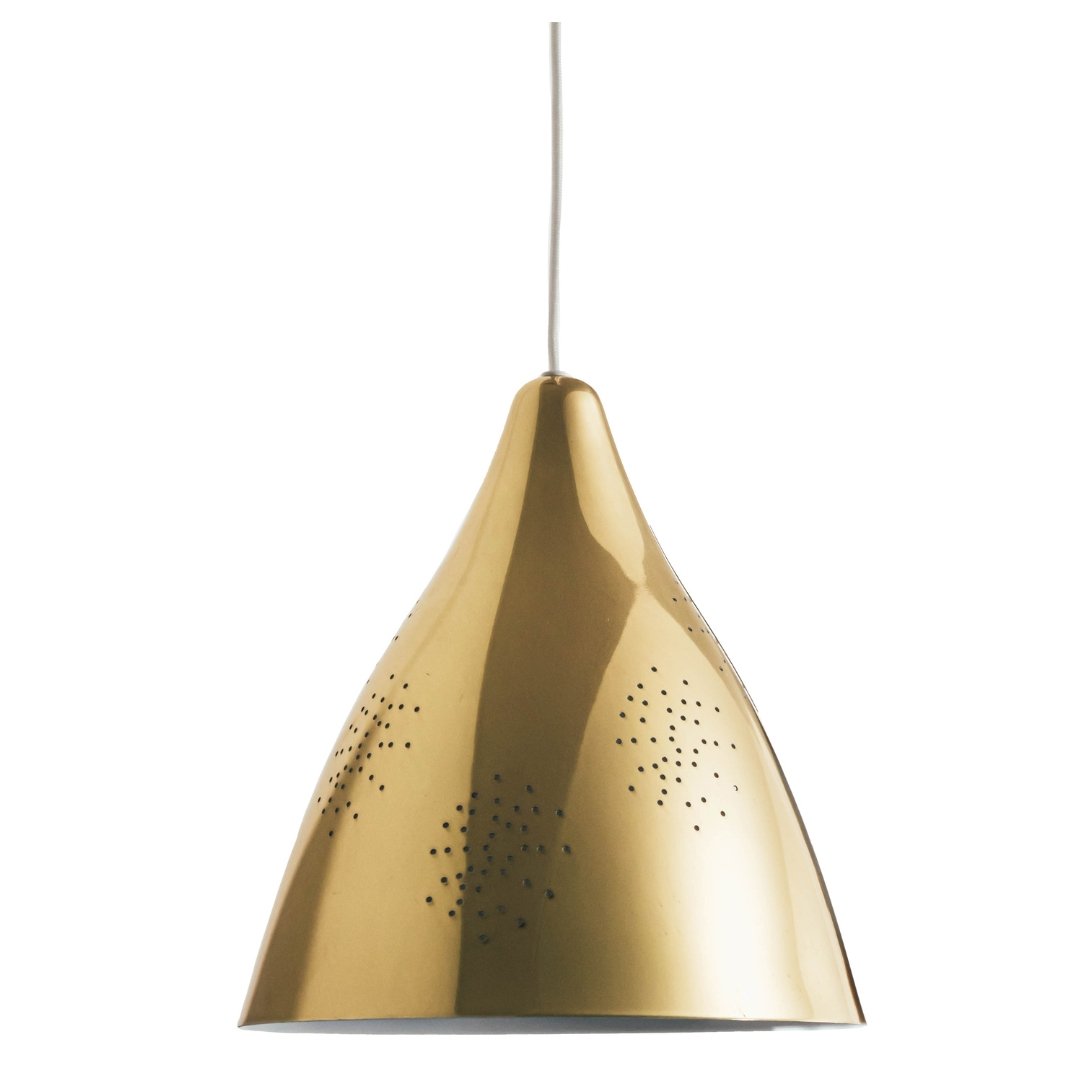 Lisa Johansson-Pape '270' Perforated Polished Brass Pendant: Quantity: 1 Lisa Johansson-Pape Brass'270' perforated metal pendants for Innolux Oy. Originally designed in 1947, these authorized re-editions are true to the original charming simplicity of Pape's ic