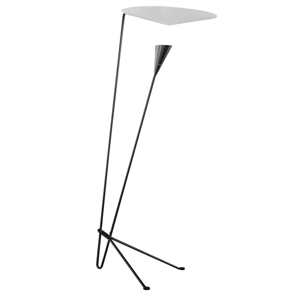Michel Buffet 'B211' Black and White Floor Lamp: Quantity: 1 Michel Buffet 'B211' black and white floor lamp. Produced from a steel rod bent, welded and powder coated in black with a conical diffuser and reflector in white lacquered metal