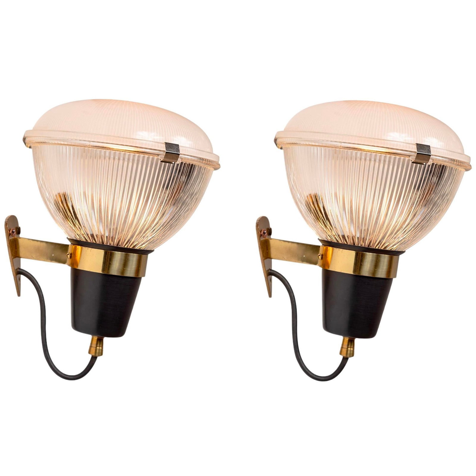 Pair of 1950s Ignazio Gardella LP6 Sconces for Azucena: Quantity: 1 Pair of 1950s Ignazio Gardella LP6 sconces for Azucena. These iconic sconces are executed in black painted metal and brass with two pressed glass elements. Features the Azucena stamp on th