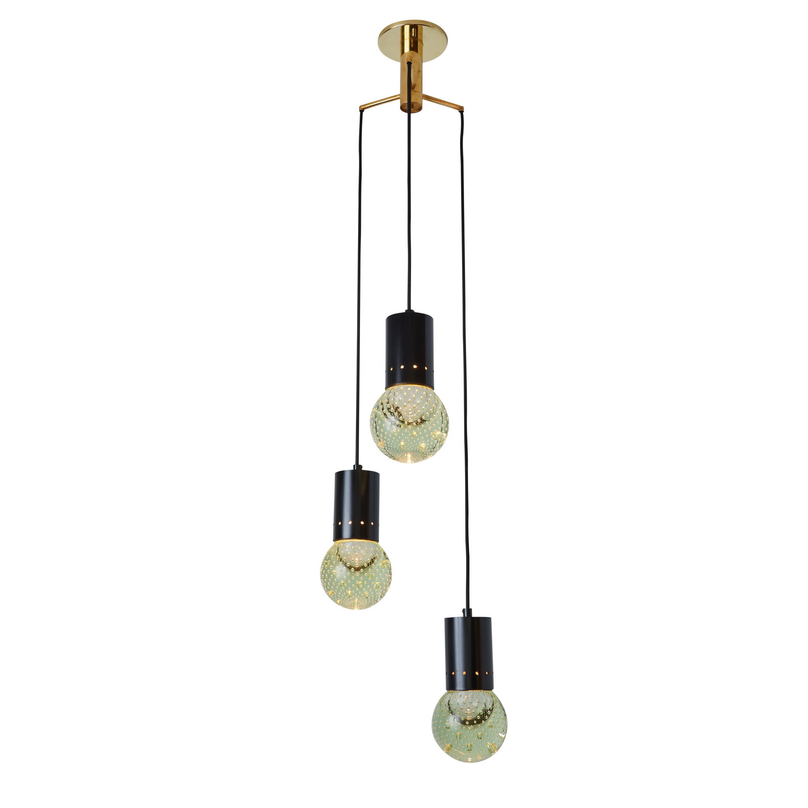 1960s Gino Sarfatti Seguso Bubble Glass 3-Pendant Chandelier for Arteluce: Quantity: 1 960s Gino Sarfatti Seguso Bubble Glass 3-Pendant Chandelier for Arteluce. Executed in 3 hand blown bubbled Seguso glass pendants with brass and black painted metal accents. Unmarked. Artel