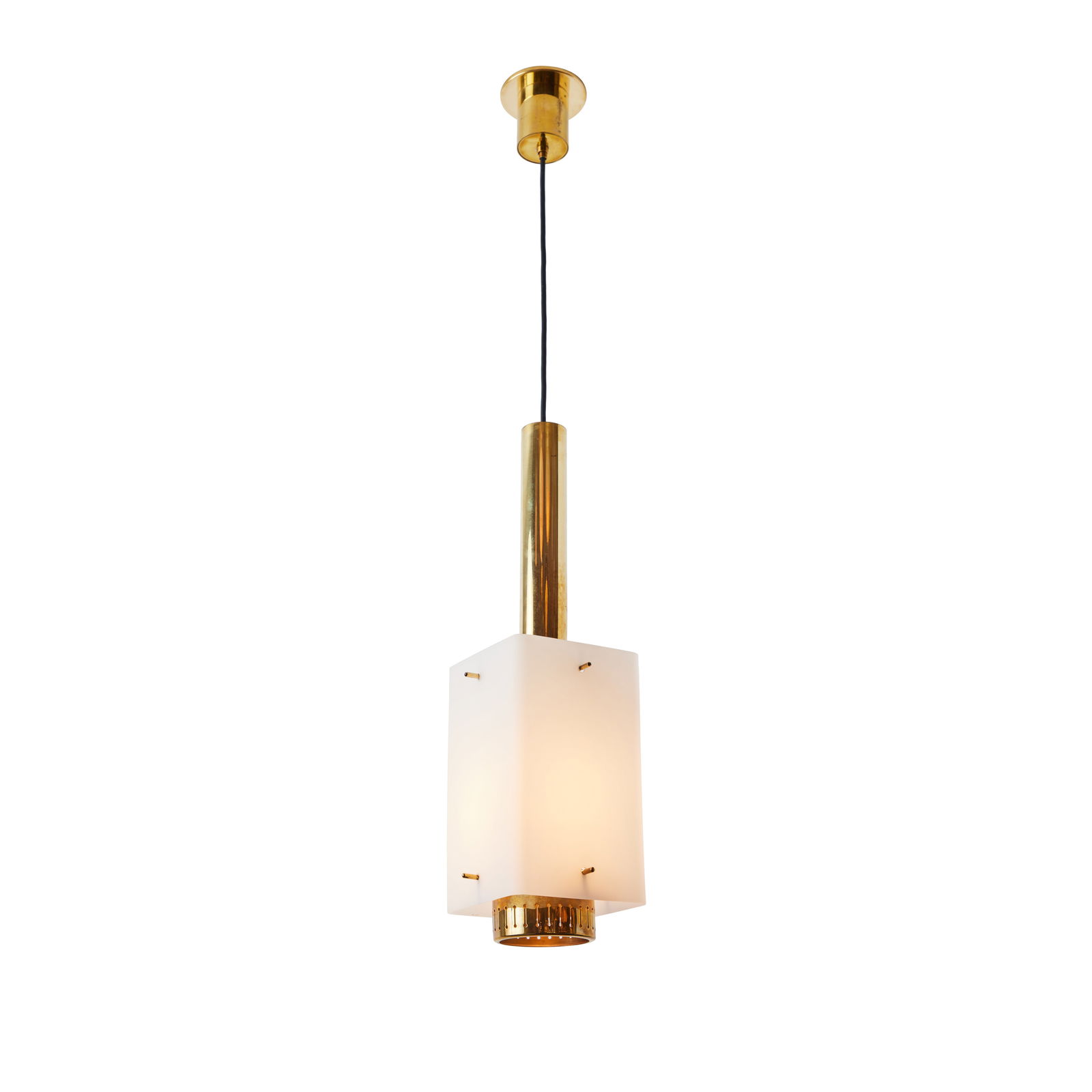 Large 1950s Stilnovo Model Brass and Glass Pendant with Original Yellow Label: Quantity: 1 Large 1950s Stilnovo brass and glass pendant. A quintessentially 1950s Italian design executed in matte finish opaline glass and brass with a custom modified architectural ceiling canopy f