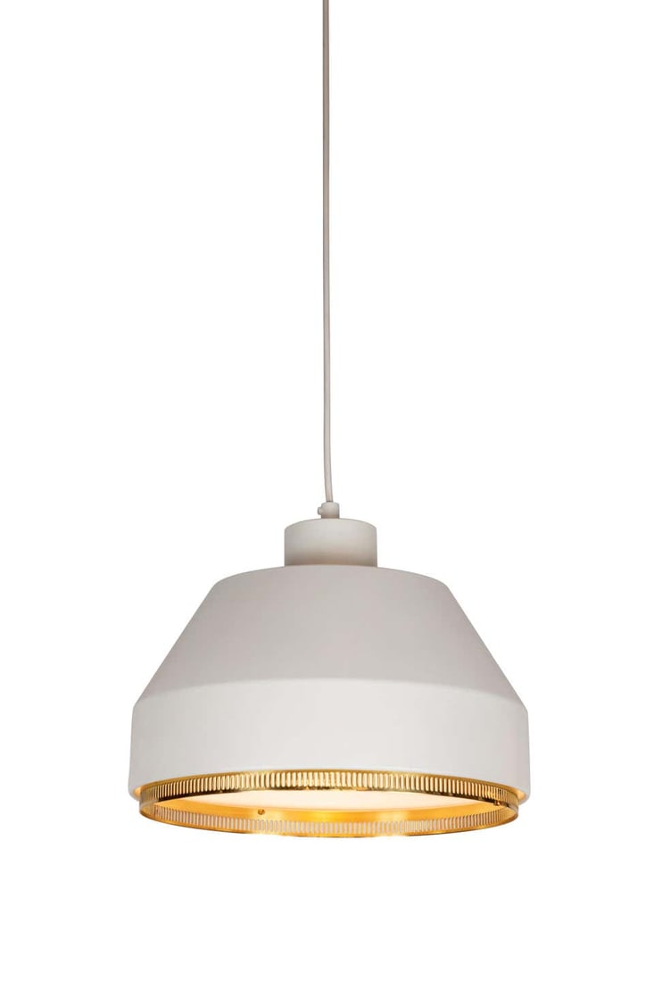 Aino Aalto 'Ama 500' Pendant Light c. 1940s: Quantity: 1 Aino Aalto 'AMA 500' pendant light, 1940s. Executed in enameled aluminum and brass. Valaistustyö (Manufacturer),Aino Aalto (Designer)