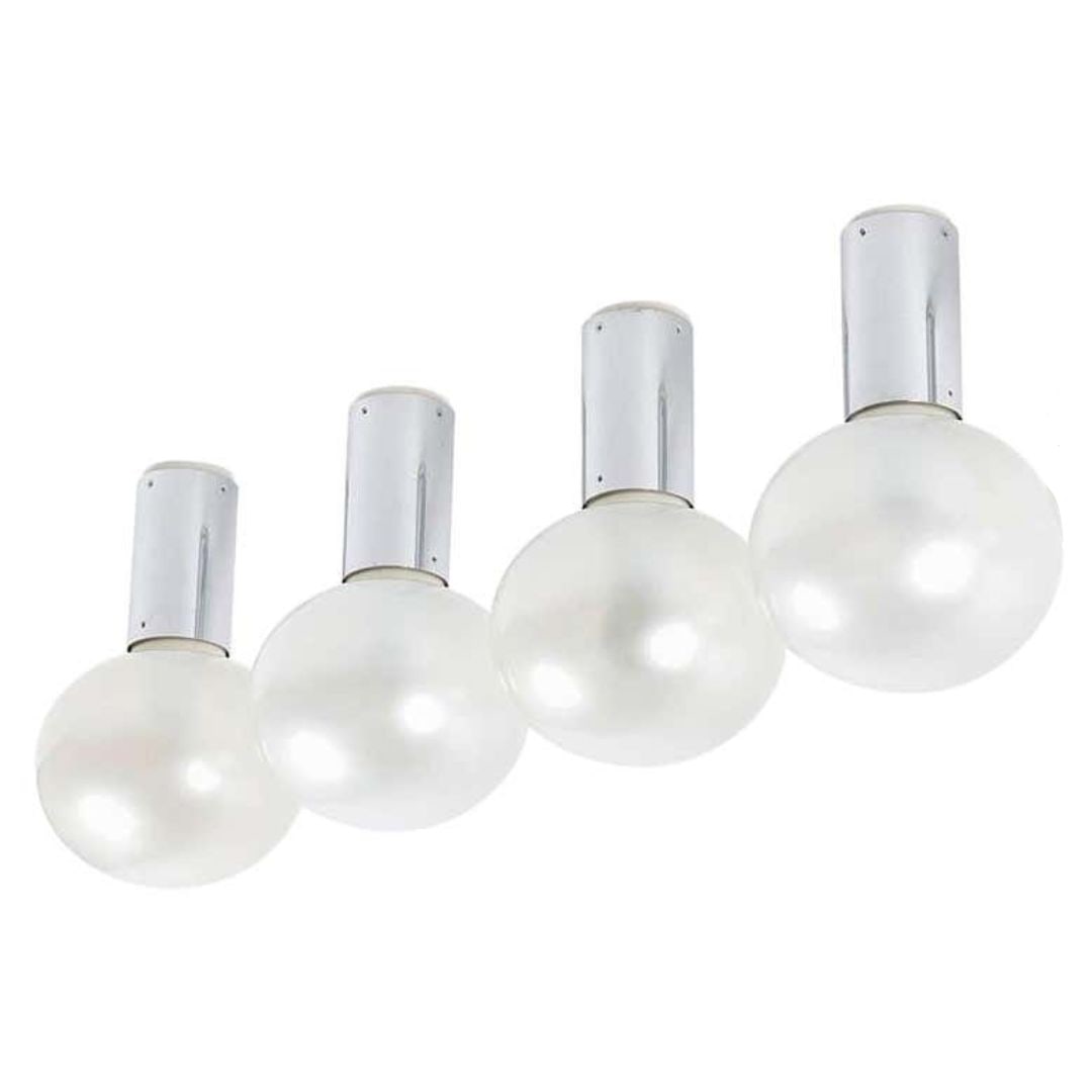 Set of 4 1960s Motoko Ishii Glass & Metal Ceiling or Wall Lamps for Staff Leuchten: Quantity: 4 1960s Motoko Ishii glass & metal ceiling or wall lamps for Staff Leuchten. Executed in chrome plated metal and thick blown opaline glass.