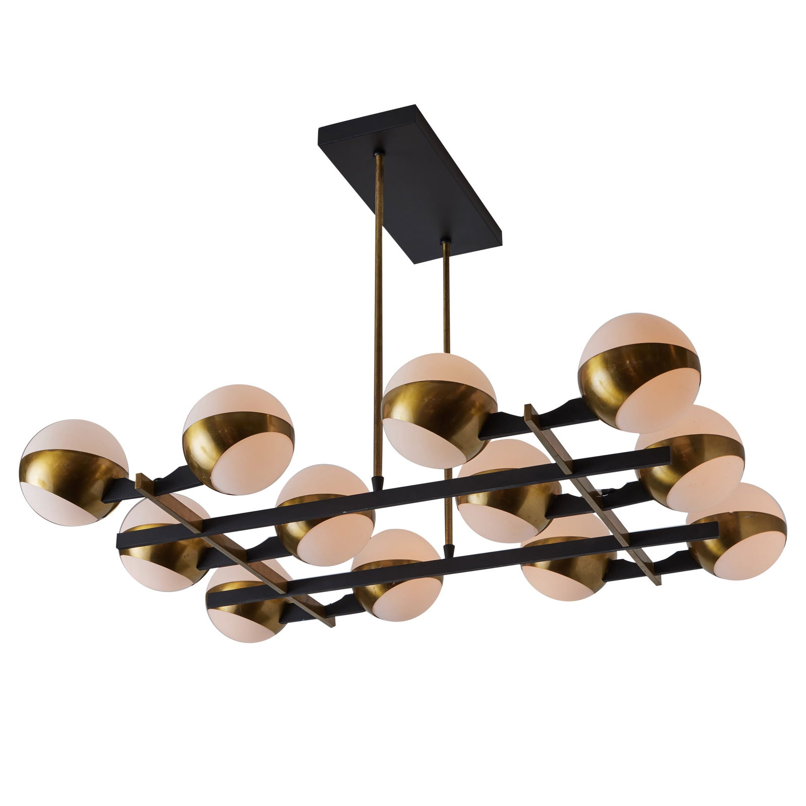 Monumental 1950s 12-Globe Glass & Metal Chandelier for Stilnovo: Quantity: 1 Monumental 1950s 12-Globe Glass & Metal Chandelier for Stilnovo. Executed in 12 opaline glass globes, brass and black enameled metal. An iconic Italian light sculpture of impressive scale