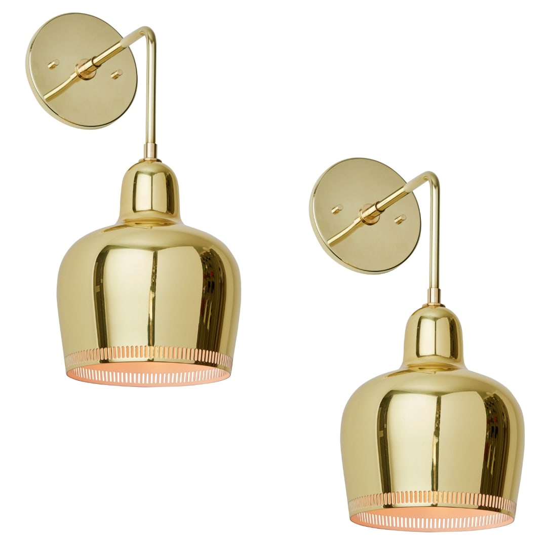Pair of Alvar Aalto A330s Polished Brass Wall Light for Artek: Quantity: 2 Pair of Alvar Aalto A330s Polished Brass Wall Light for Artek. This newly customized wall lamp version recreates a rare vintage variant and is executed in polished brass with white painted