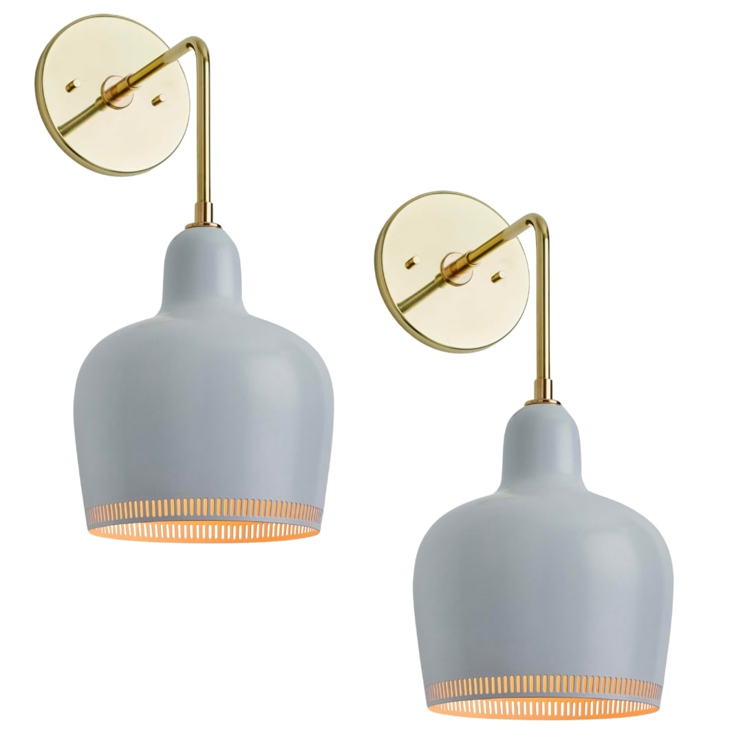 Pair of Alvar Aalto A330s White Metal and Brass Wall Light for Artek: Quantity: 2 Pair of Alvar Aalto A330s White Metal and Brass Wall Light for Artek. This newly customized wall lamp version recreates a rare vintage variant and is executed in white painted metal and po