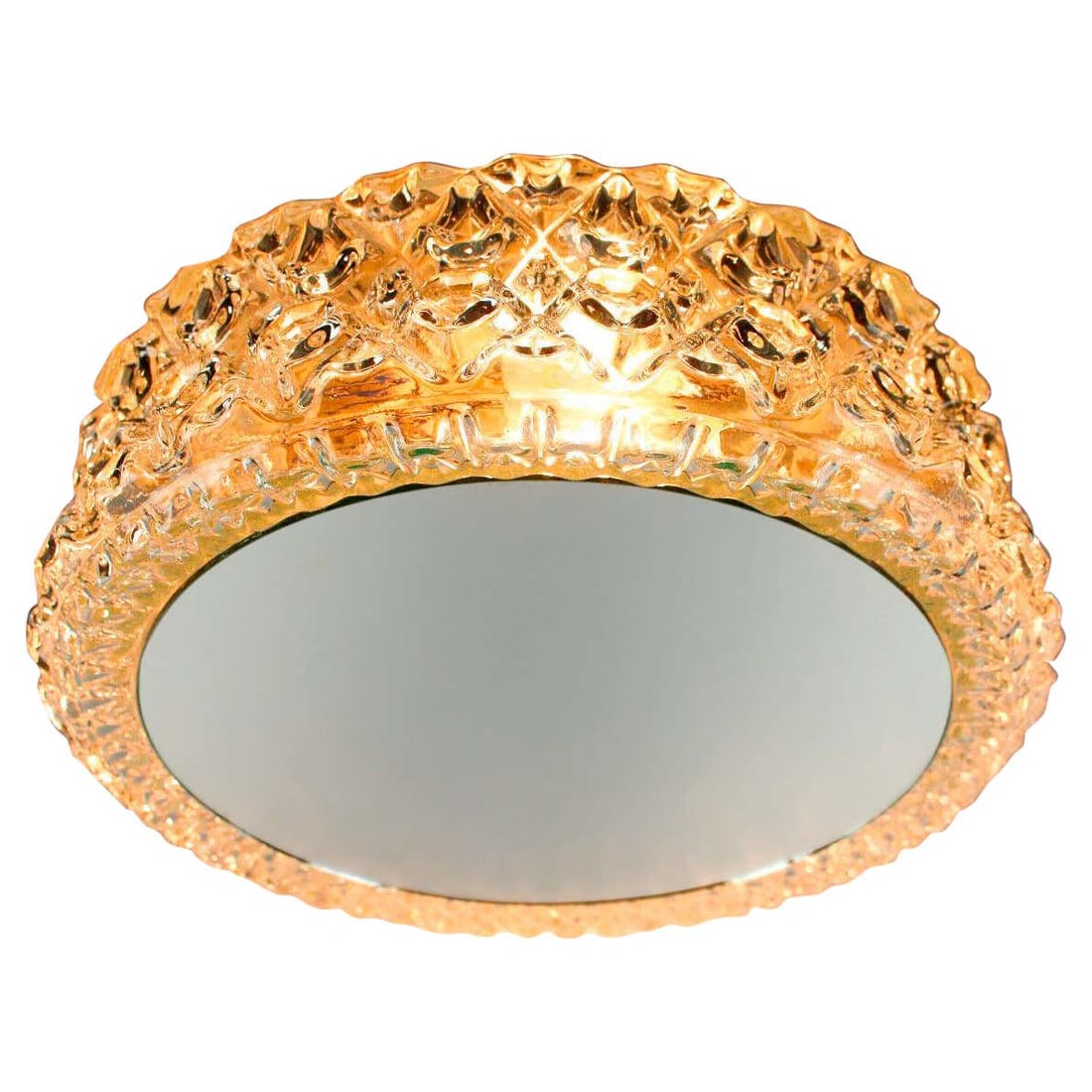 1960s Sculptural Glass and Mirrored Wall or Ceiling Lamp for Limberg: Quantity: 1 1960s Sculptural Glass and Mirrored Wall or Ceiling Lamp for Limberg. Executed in thick and heavy textured glass framing a circular mirror with black painted metal structure. Fabricated in