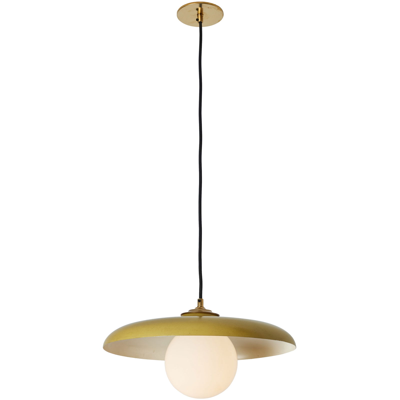 1960s Stilux Milano Yellow Painted Metal & Opaline Globe Glass Pendant Lamp: Quantity: 1 1960s Stilux Milano yellow painted metal & opaline globe glass pendant lamp. Executed in yellow painted metal, opaline glass and brass with thick cloth cord that can be cut to desired leng