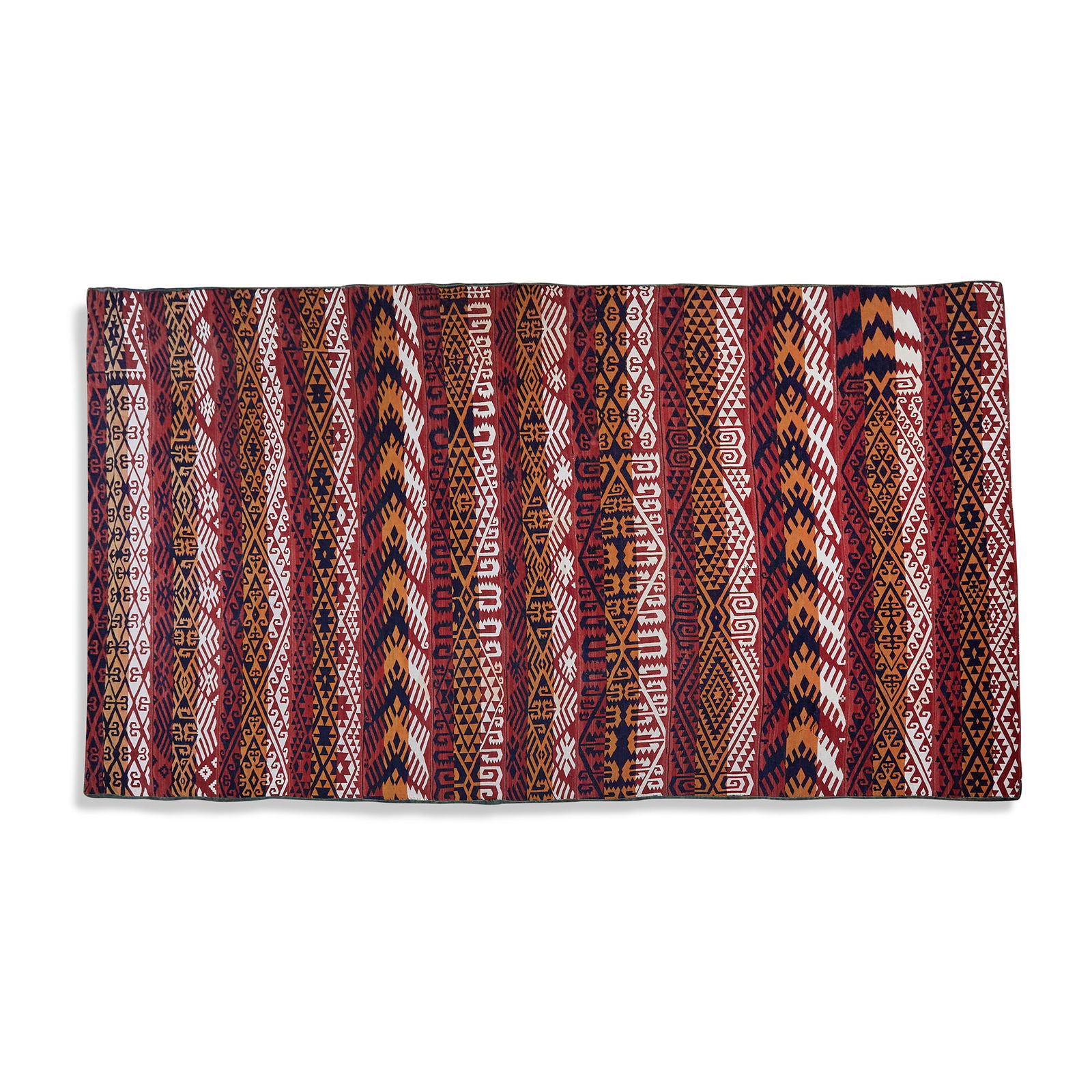 Monumental Moroccan Berber Flat Weave Geometric Rug, circa 1960s: Quantity: 1 Monumental Moroccan Berber Flat Weave Geometric Rug, circa 1960s. A large scale and colorful work of functional art executed in rich flat weave wool pile with geometric tribal designs in b