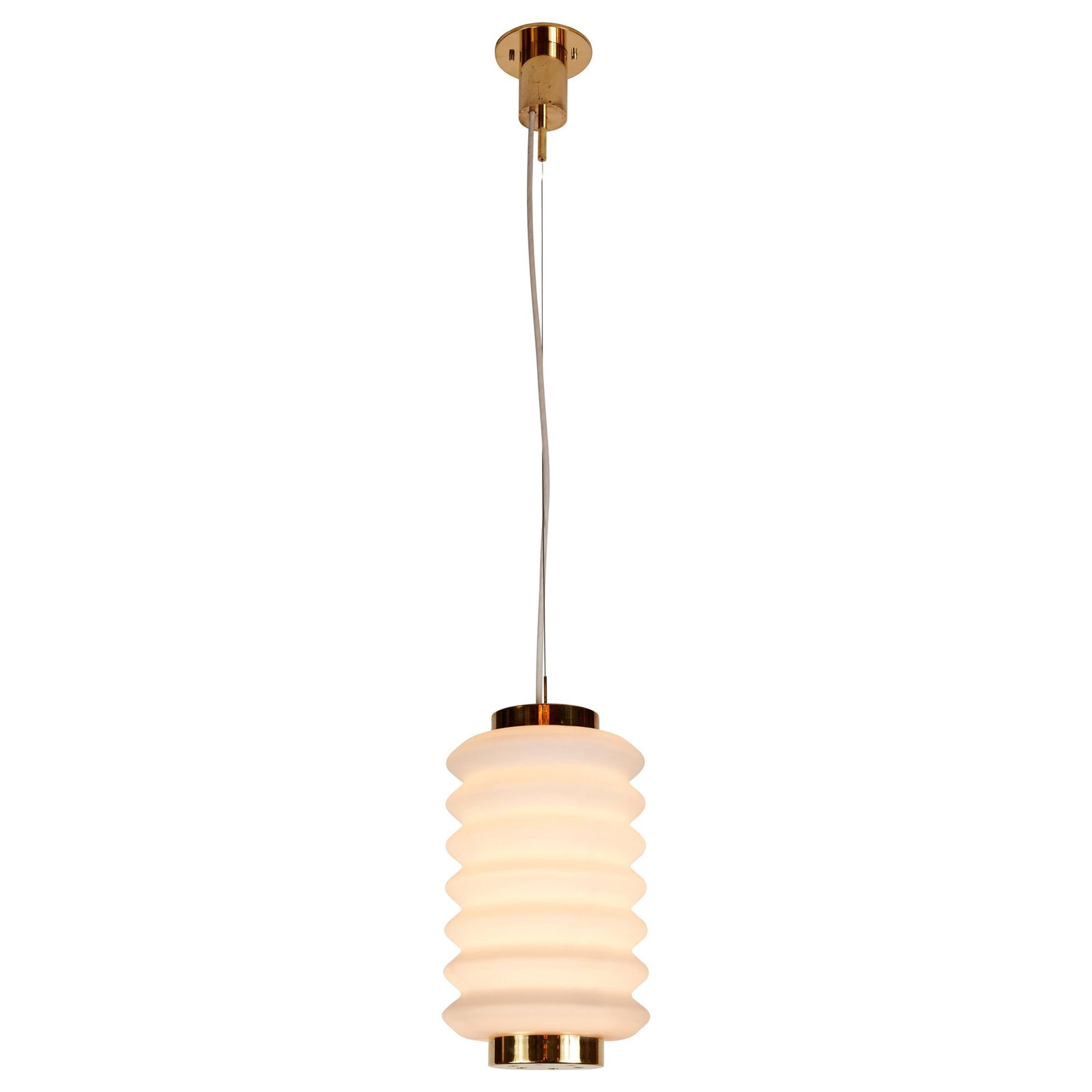 Rare 1950s Angelo Lelli Glass and Brass Suspension Lamp for Arredoluce: Quantity: 1 Rare 1950s Angelo Lelli glass and brass suspension lamp for Arredoluce. Executed in patinated brass and sculpturally blown opaline glass Angelo Lelii (Designer),Arredoluce (Maker)