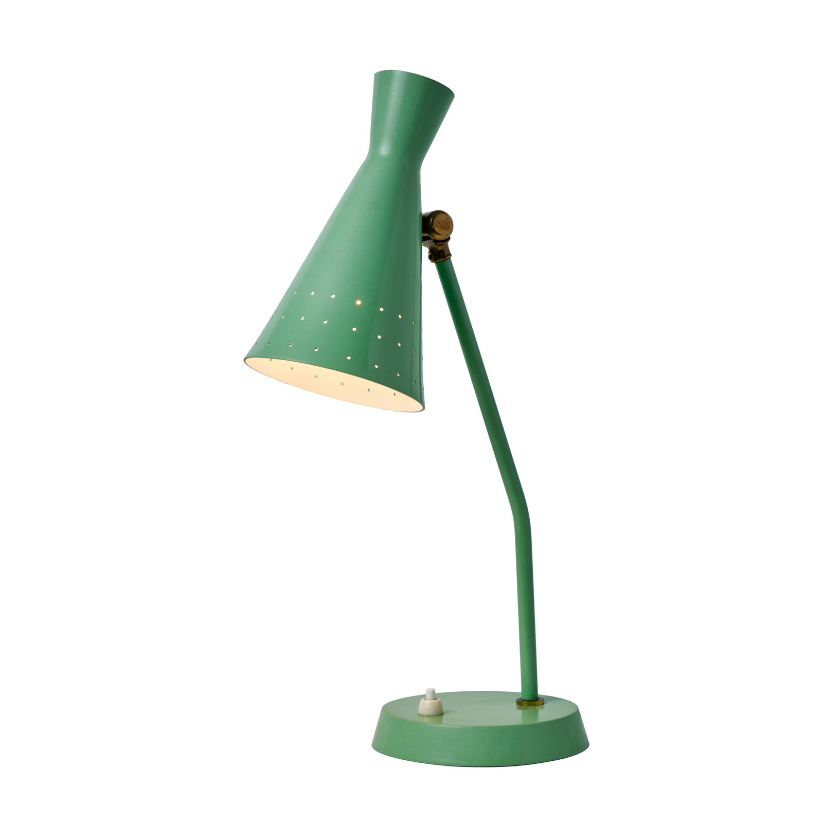 1950s Stilux Milano Green Perforated Cone Table Lamp: Quantity: 1 1950s Stilux Milano Green Perforated Cone Table Lamp. Executed in green perforated metal shade with a sculptural brass swivel for adjustability.