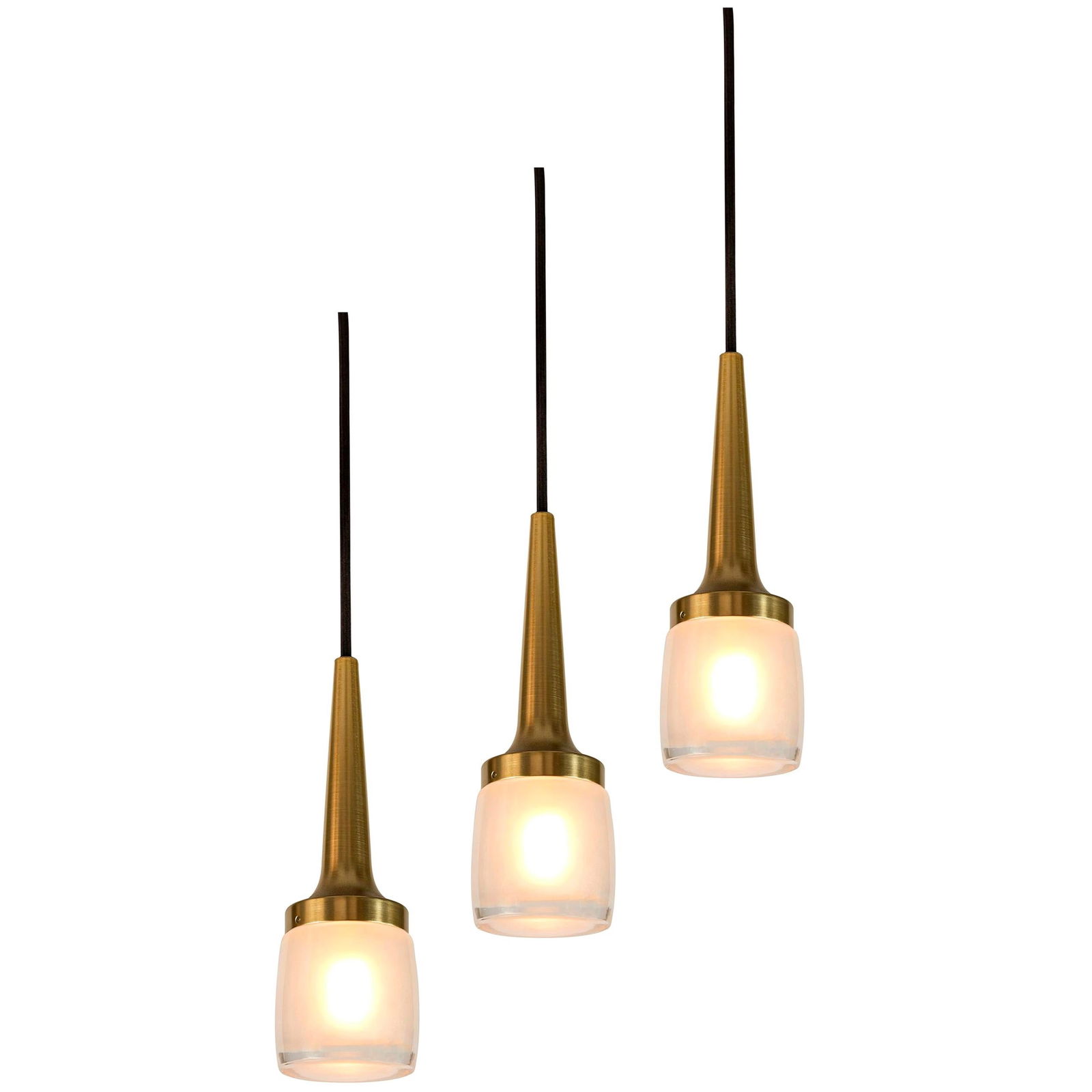 Set of 3 1960s Staff Leuchten Glass and Brass Pendants: Quantity: 3 Set of 3 1960s Staff Leuchten glass and brass pendants. Executed in brassed metal and thick opaline molded glass etched on the inside, with custom solid brass canopy and thick cloth cord.