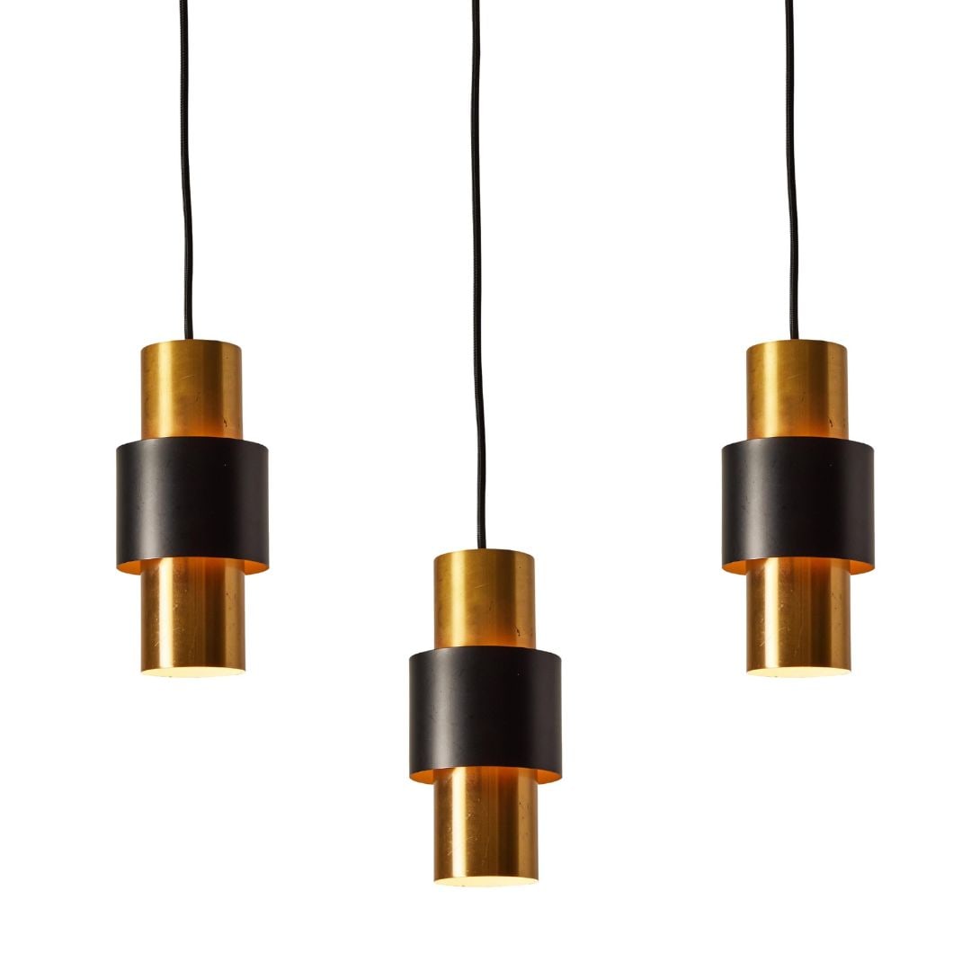Set of 3 1950s Jo Hammerborg 'Saturn' Brass & Black Pendant for Fog & Mørupndants: Quantity: 3 1950s Jo Hammerborg 'Saturn' brass & black pendant for Fog & Mørup. A Minimalist Danish modern design Classic executed in brass and black enameled metal. Body of lamp measures approximate