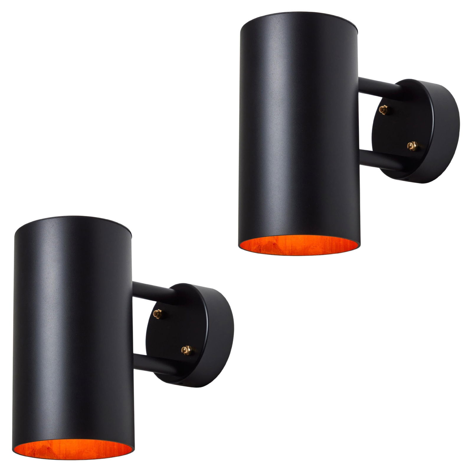 Pair of Hans-Agne Jakobsson C 627/110 'Rulle' Black Outdoor Sconces: Quantity: 2 lamps Pair of Hans-Agne Jakobsson C 627/110 'Rulle' Black Outdoor Sconces. Executed in black painted metal with a raw metal interior suitable for indoor or outdoor use. Executed in custom