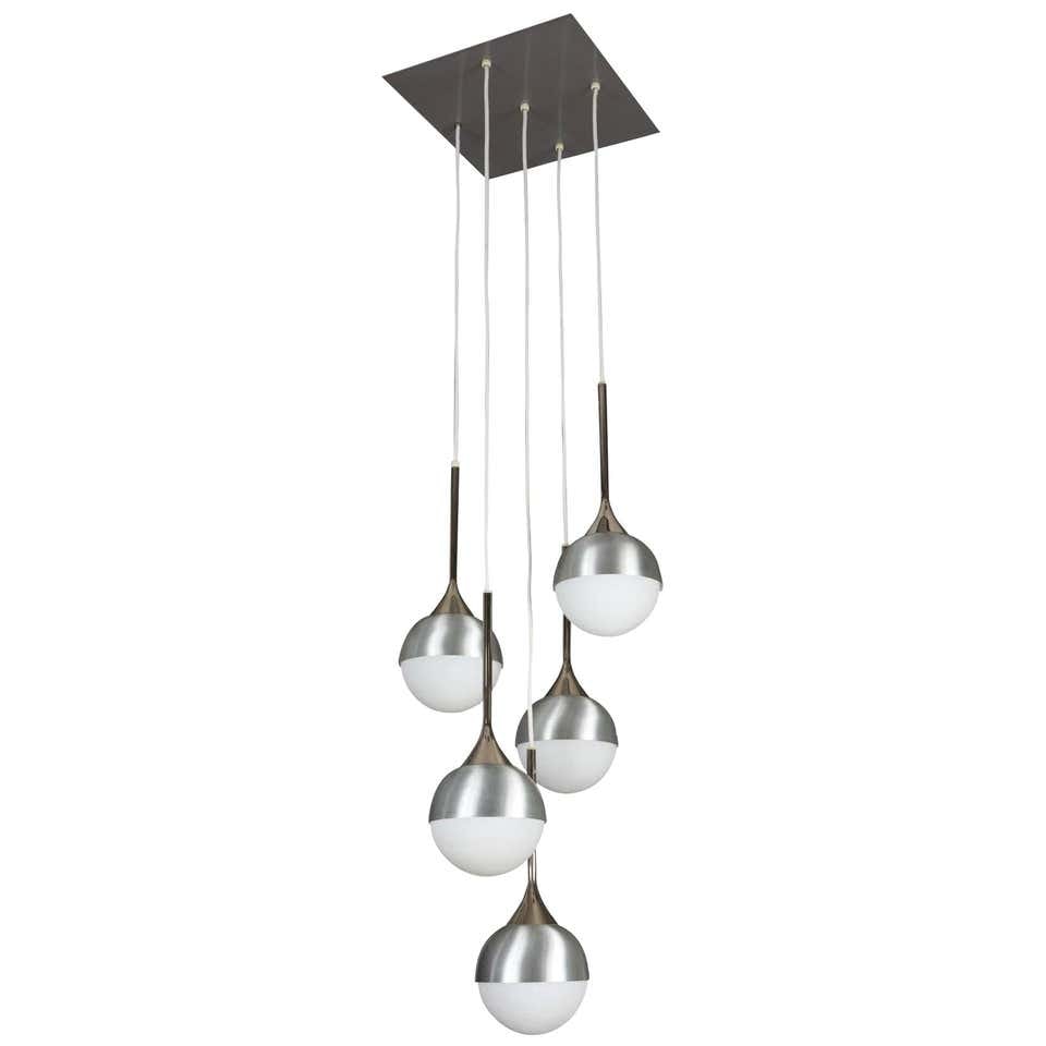 1960s Five-Globe Chandelier Attributed to Stilnovo: Quantity: 1 1960s five-globe chandelier attributed to Stilnovo. A quintessentially late 1960s Italian design executed in matte finish opaline glass, brushed metal and chrome with original architectura
