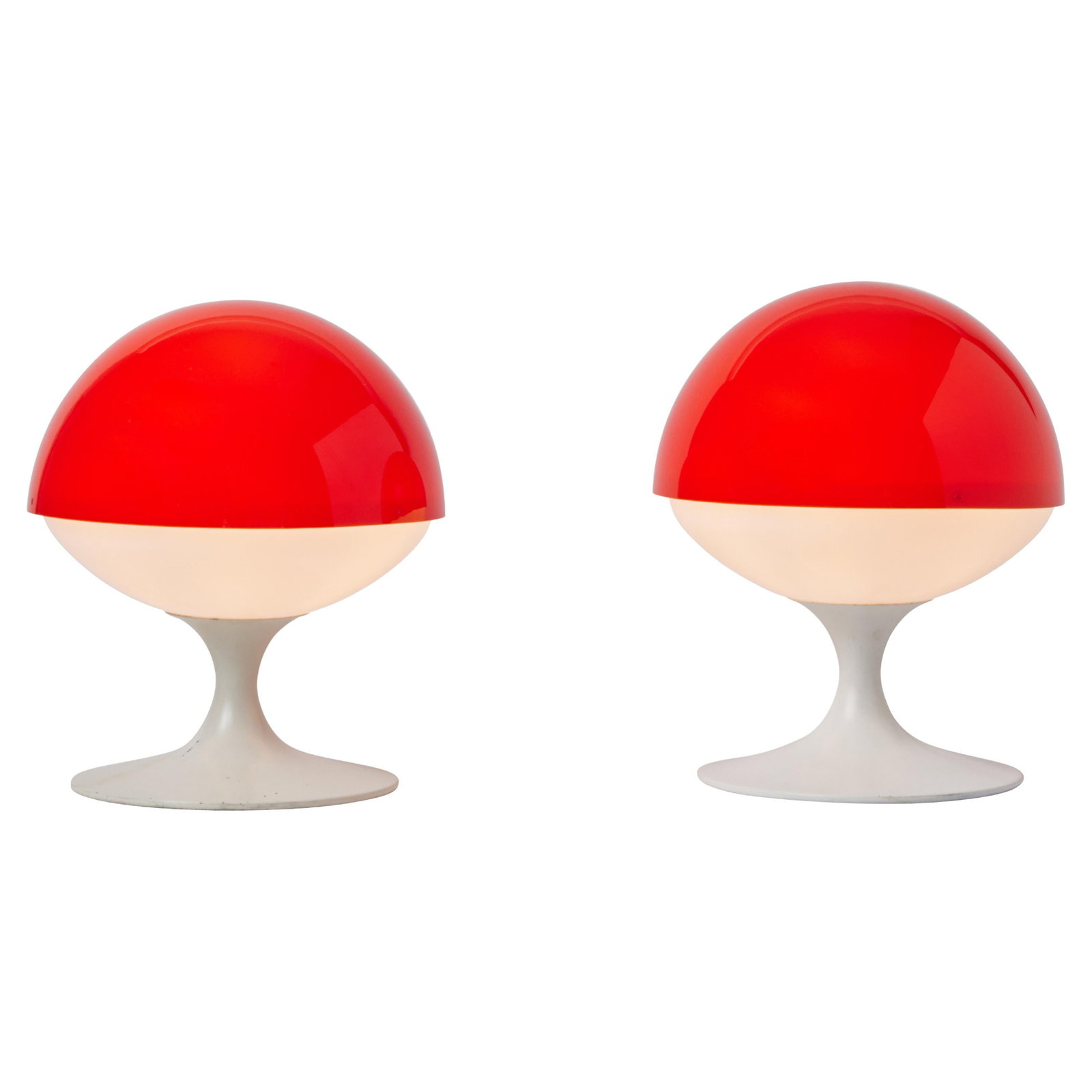 Pair of 1960s Max Bill Red & White Table Lamps for Temde Leuchten, 231: Quantity: 2 lamps Pair of 1960s Max Bill red & white table lamps for Temde Leuchten of Switzerland.This extremely rare and iconic mid-century design is executed in red and opaline lucite shades with a
