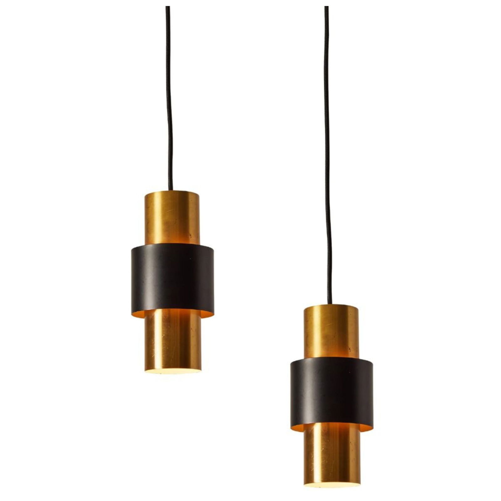 Pair of 1950s Jo Hammerborg 'Saturn' Brass & Black Pendant for Fog & Mørup: Quantity: 1 Pair of 1950s Jo Hammerborg 'Saturn' brass & black pendant for Fog & Mørup. A Minimalist Danish modern design Classic executed in brass and black enameled metal. Body of lamp measures app