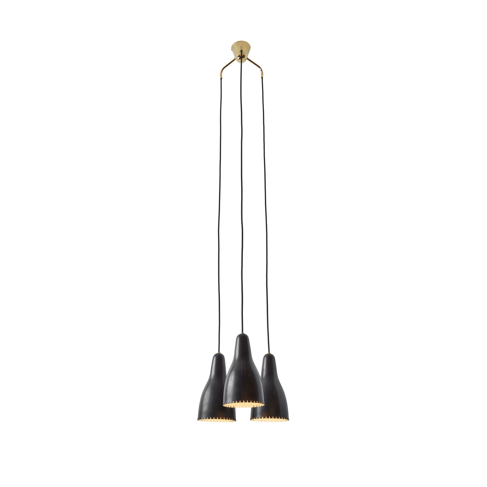 1950s Bent Karlby 3-Shade Chandelier in Black Painted Metal & Brass for Lyfa: Quantity: 1 1950s Bent Karlby 3-shade chandelier in black painted metal & brass for Lyfa. Executed in architecturally cut and elegantly shaped black painted metal shades with brass hardware. Lyfa (Man