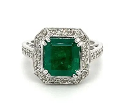 4 Carat Zambian Emerald in 18K Solid White Gold Ring & Round Cut Diamond Halo (1 of 3)