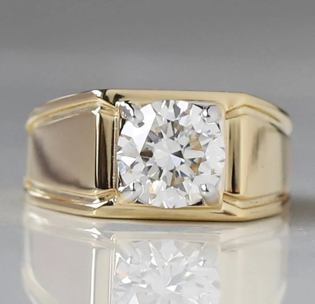 Certified Men's Ring  - 4 Carat Round Cut 14kt Solid Yellow Gold Lab Grown Diamond Ring (1 of 5)