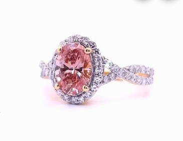 Certified 3 Carat Oval Cut 18kt Solid Yellow Gold Pink Color Lab Grown Engagement Diamond Ring (1 of 3)