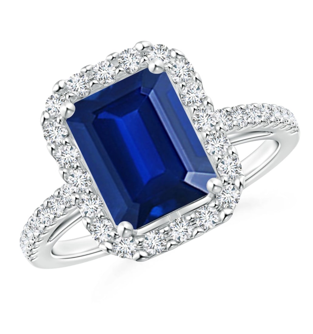 Certified 8.50 Ct Lab Grown Sapphire  Engagement Ring in 14K Solid White Gold - Emerald  Cut (1 of 2)