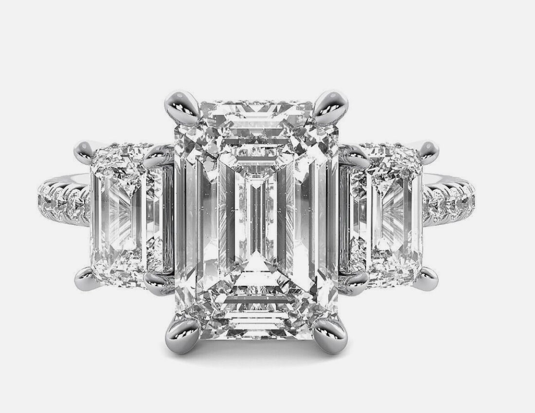 Certified 6 Carat Three Stone Emerald Cut Ring VS1 F Color Lab Grown Diamond 14Kt Solid White Gold (1 of 5)