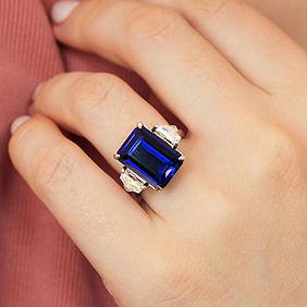 Certified 10 Carat Emerald Cut Blue Lab Grown Sapphire & Lab Grown Diamonds 14kt Solid White Gold (1 of 3)