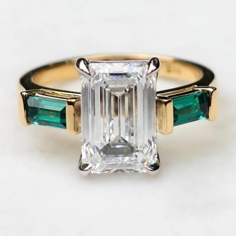 Certified 5 Carat Emerald Cut Lab Grown Diamond VVS1 D Color 14kt Solid Yellow Gold Engagement Ring: Certified 5 Carat Emerald Cut Lab Grown Diamond VVS1 D Color 14kt Solid Yellow Gold Engagement Ring - Side Stone Lab Grown Green Emerald 0.80 Ct - Ring Size US 6.5 - Ring Resize Available free of cost