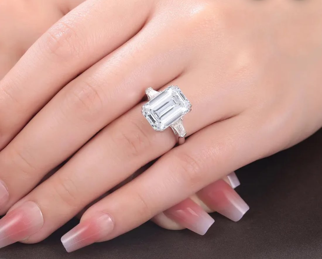 Certified 10 Carat Emerald Cut Lab Grown Diamond VVS1 D Color 14kt Solid White Gold Engagement Ring: Certified 10 Carat Emerald Cut Lab Grown Diamond VVS1 D Color 14kt Solid White Gold Engagement Ring - Ring Size US - 7 - Side Stone is Lab Grwon Diamonds Fancy Cut VS1 E Color 1.Carat -