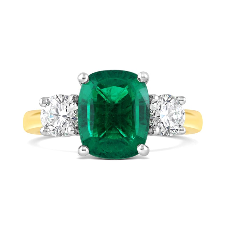 Certified 10 Carat Long Cushion Cut Lab Grown Green Emerald 14kt Solid Yellow Gold Engagement Ring: Certified 10 Carat Long Cushion Cut Lab Grown Green Emerald 14kt Solid Yellow Gold Engagement Ring - Side Stone Lab Grown Diamonds 0.60 ct Round Cut D Color VVS1 - Ring Size US 6 - Resize Available fr