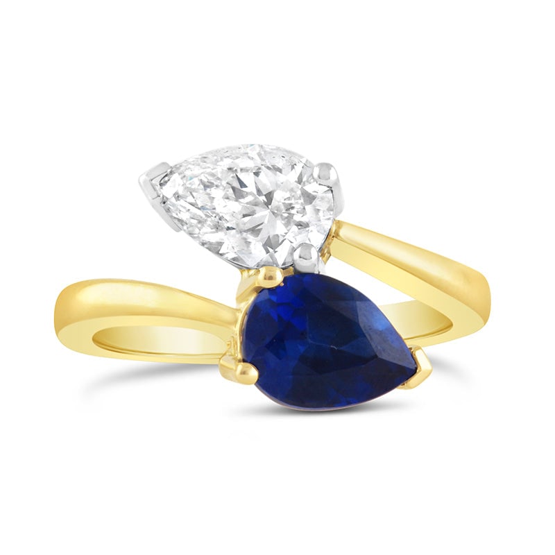 Certified 6 Carat Lab Grown Diamond 14kt Solid Yellow Gold Engagement Ring: Certified 6 Carat Lab Grown Diamond With Lab Grown Blue Sapphire 14kt Solid Yellow Gold Engagement Ring - Lab Grown Diamond 3 Carat Pear Cut VS1 E Color - lab grown sapphire 3 Carat Emerald Cut - Ring