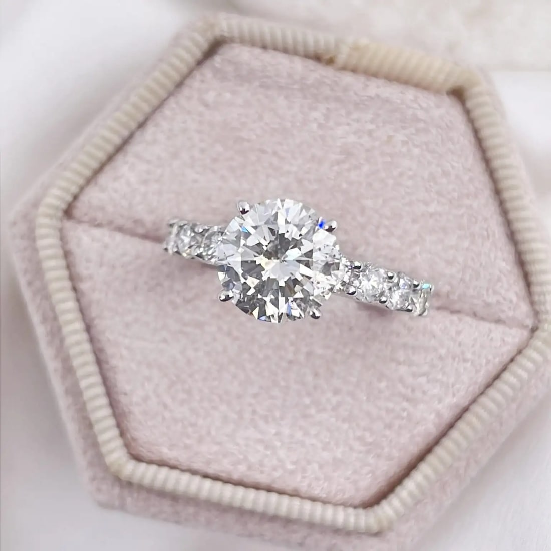 Certified 5 Carat Lab Grown Diamond 14kt Solid White Gold Engagement Ring: Certified 5 Carat Lab Grown Diamond 14kt Solid White Gold Engagement Ring - VVS1 D Color - Side Stone is lab grwon diamonds VS1 E Color 1.80 ct - Totel Carat Wt - 6.80 Ct Ring Size US 6.5 - Resize Ava