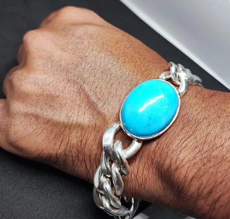 Turquoise 40 Carat Cuban Chain Bracelet, 925 Sterling Silver Cabochon Men's Jewelry Birthstone.: DetailsType - Bracelet Metal - 925 Sterling SilverMain Stone - Natural Turquoise Cabochon Stone Shape - Oval Cut Stone Color - Blue Stone Carat - 40 Ct - 7.5 INCH