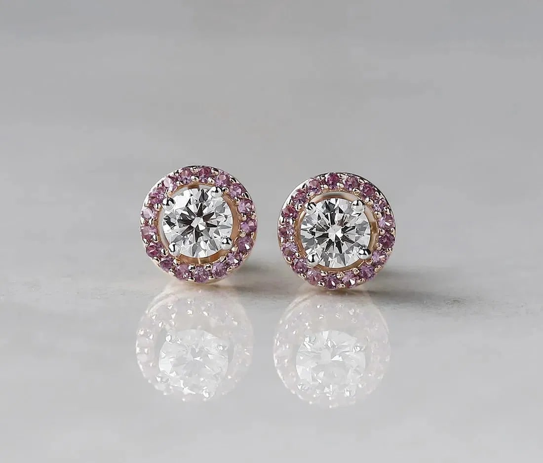 Certified 2 Carat Round Cut 14kt Solid Rose Gold Lab Grown Diamond Earrings: Certified 2 Carat Round Cut 14kt Solid Rose Gold Lab Grown Diamond Earrings- E Color vvs1 - Side Diamond pink color vs1 round cut